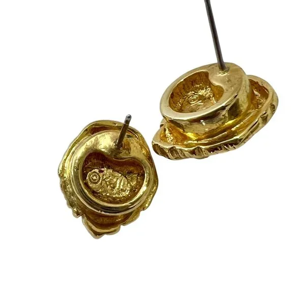 VTG Signed KJL Kenneth Jay Lane Gold Plated LION HEAD Stud Earrings Pierced - Picture 5 of 7